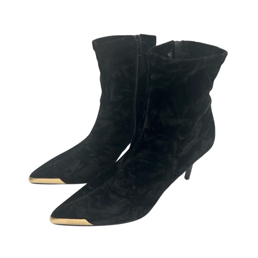 Versace Jeans Couture Black Velvet Ankle Boots Gold Pointed Toe Stiletto Size 38